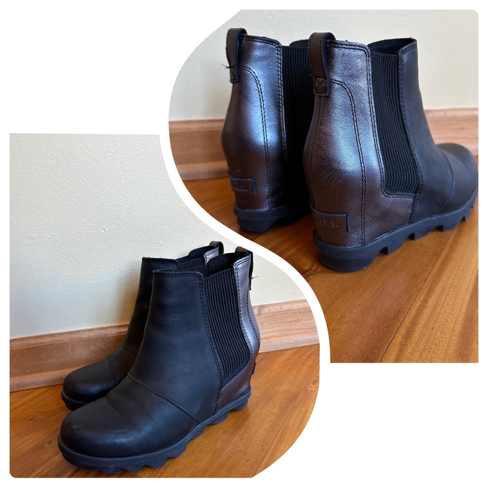 Sorel Women’s Joan of Arctic wedge boots. Black with dark purple metallic accent